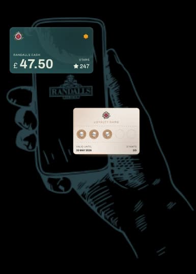 A hand holding the Randalls app showing a cash balance and loyalty card